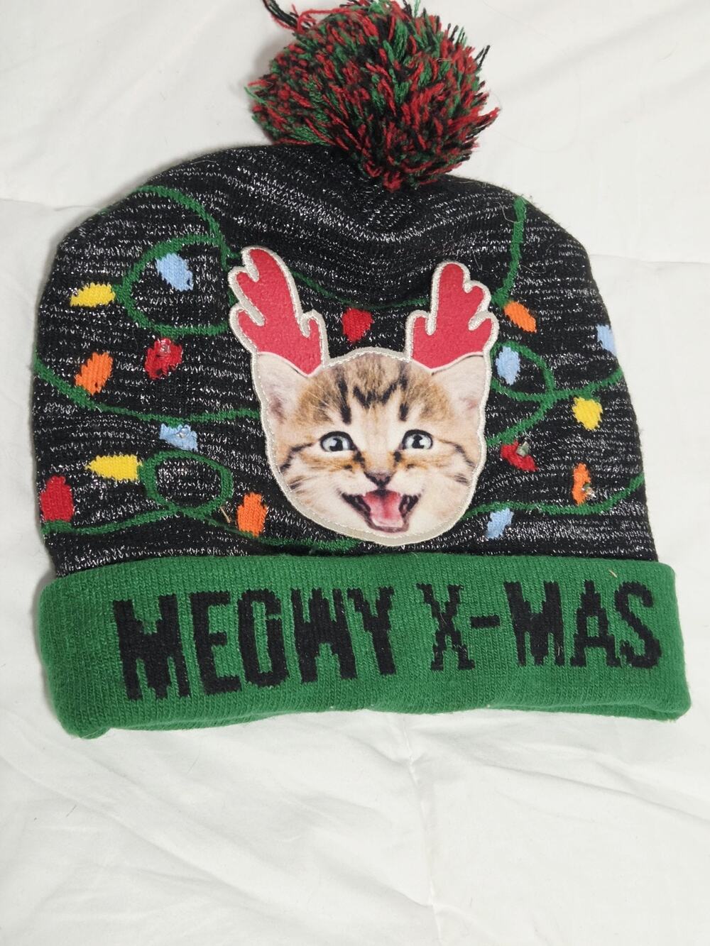 Meowy X-mas Light Up Beanie Christmas Vtg Y2k Cat Love Pom Pom Ugly Holiday